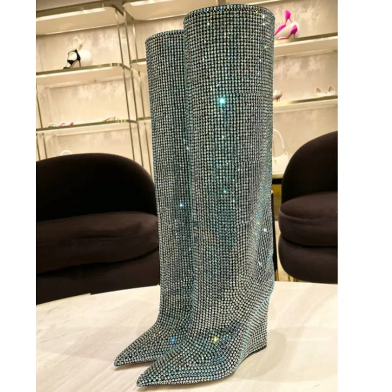 Winter New Catwalk Pointed Toe Wedge Heel Super High Heel Rhinestone Large Size Knee High Boots Women's Shoes