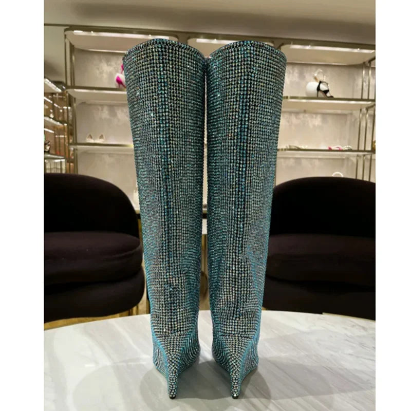 Winter New Catwalk Pointed Toe Wedge Heel Super High Heel Rhinestone Large Size Knee High Boots Women's Shoes