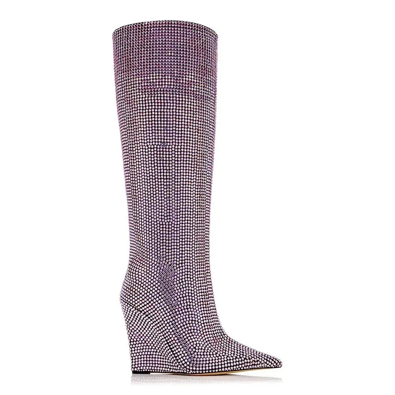 Winter New Catwalk Pointed Toe Wedge Heel Super High Heel Rhinestone Large Size Knee High Boots Women's Shoes