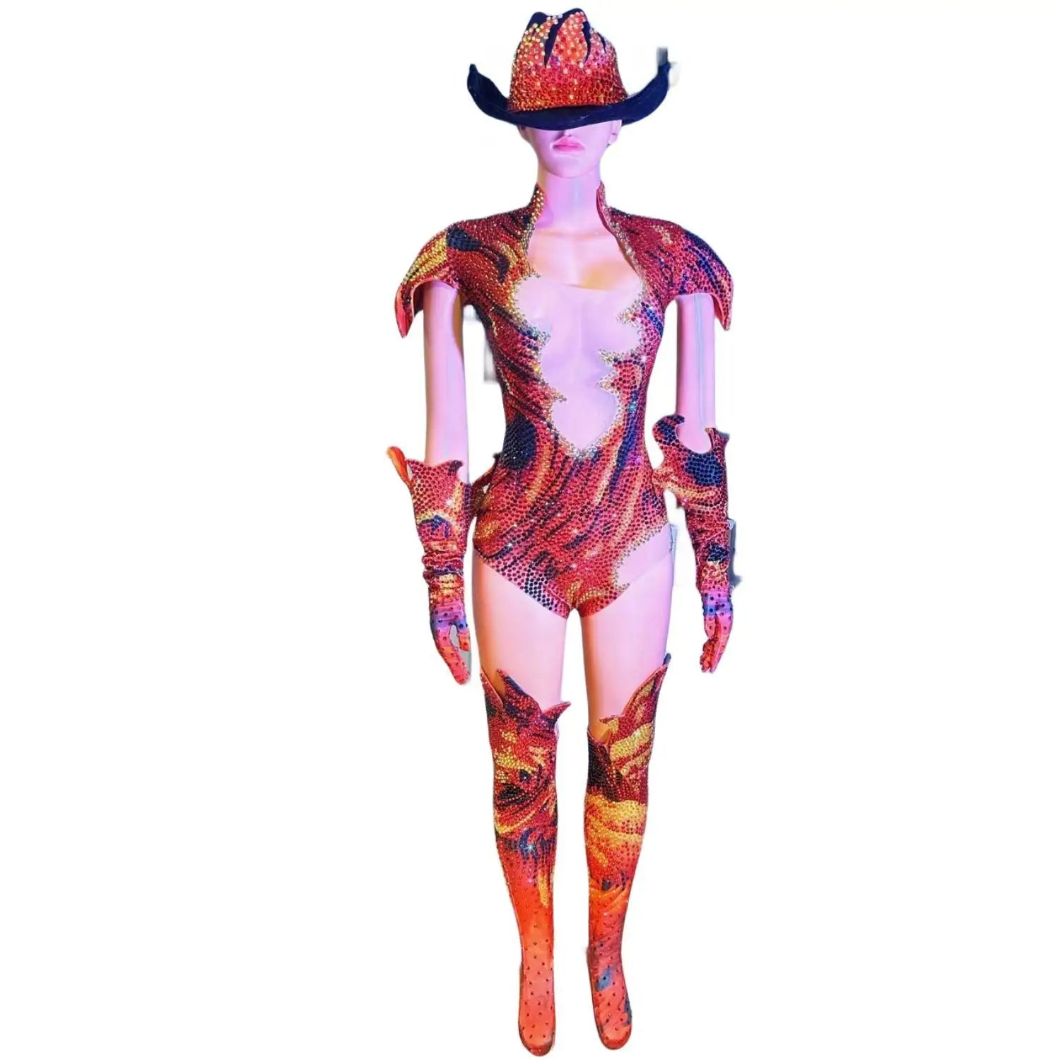 Women All Set Shinning Bodysuits Rhinestone Dance Costume with Hat Party Halloween Party Wear Celebrity Drag Queen Wear