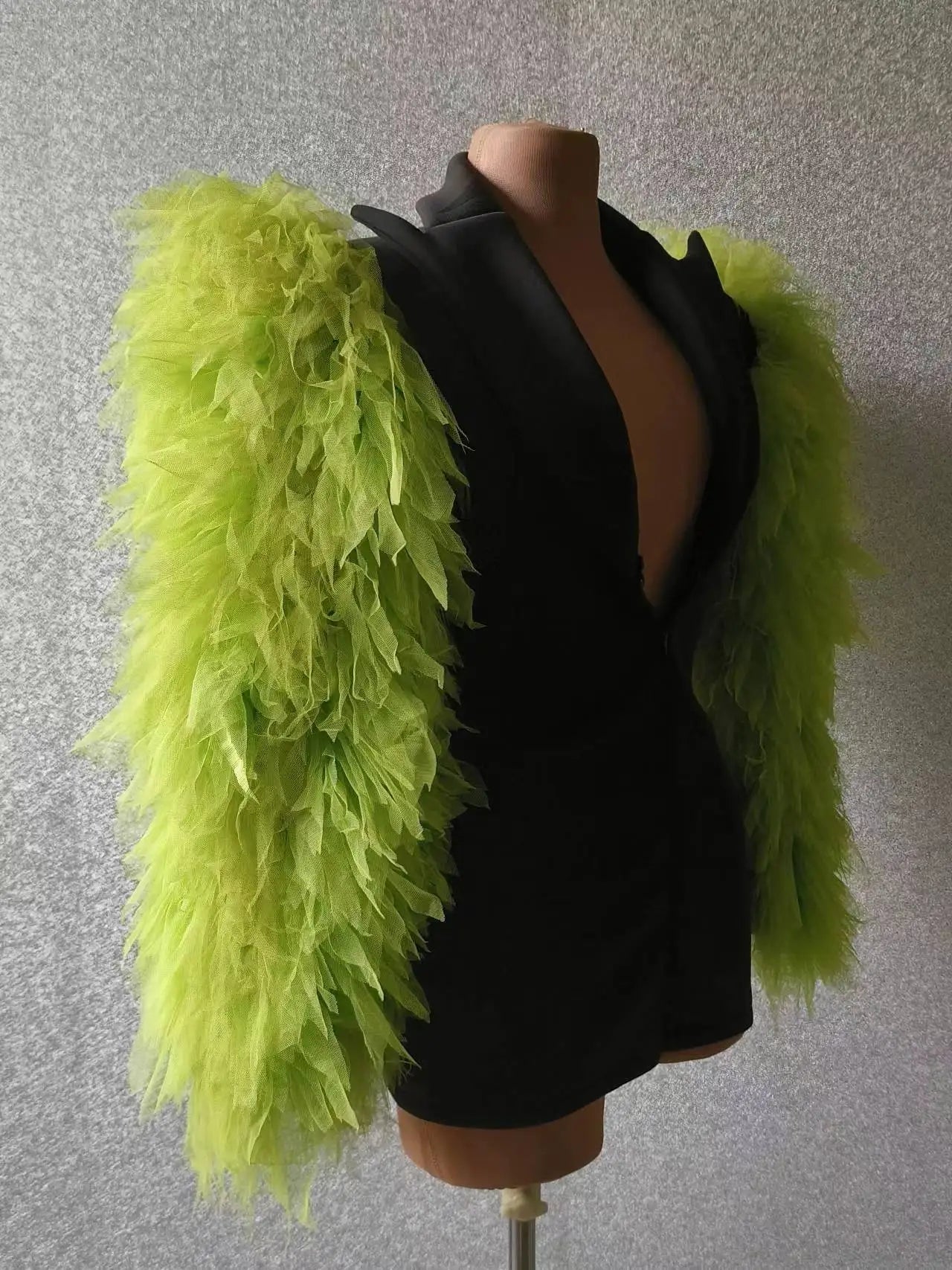 Women Big Green Mesh Sleeves Jacket Sexy Singer Dancer Dress Nightclub Jazz Dance Costume Performance Show Stage Wear