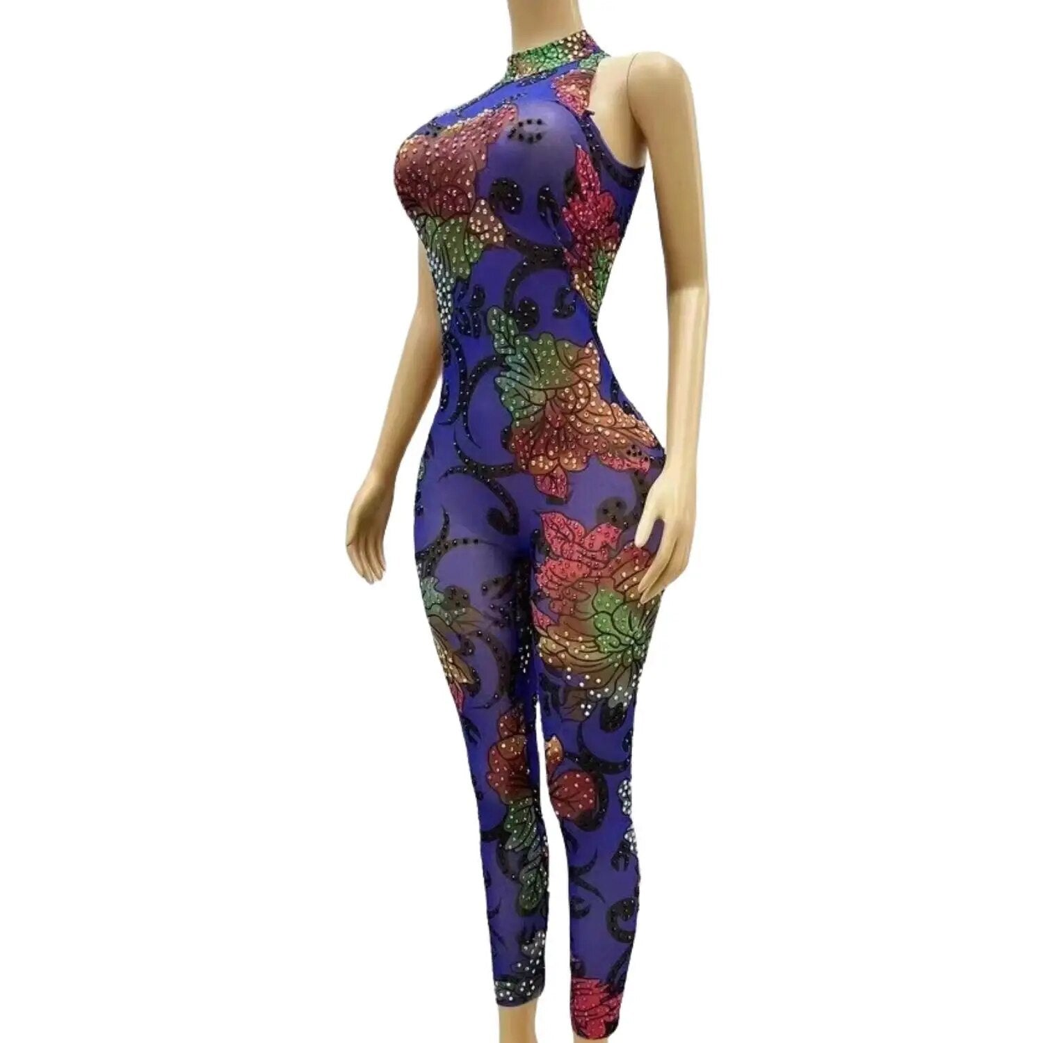 Women Birthday Celebrate Evening Costume Colorful Rhinestones Flowers Transparent Jumpsuits Dancer Sleeveless Bodysuit