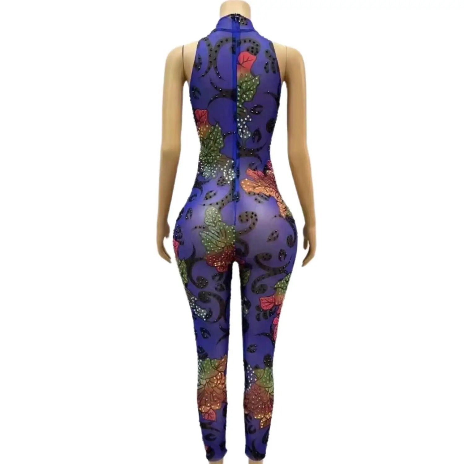 Women Birthday Celebrate Evening Costume Colorful Rhinestones Flowers Transparent Jumpsuits Dancer Sleeveless Bodysuit