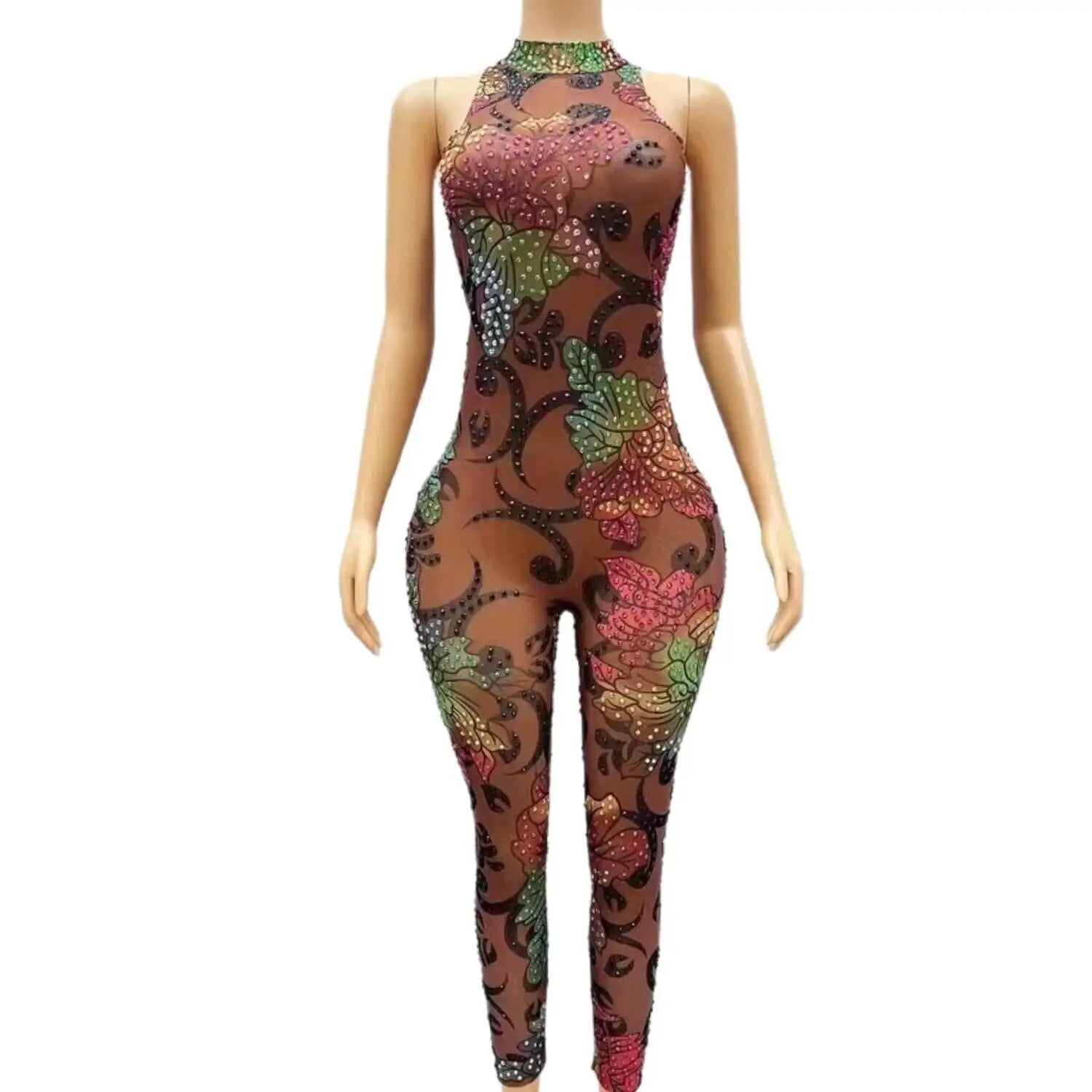 Women Birthday Celebrate Evening Costume Colorful Rhinestones Flowers Transparent Jumpsuits Dancer Sleeveless Bodysuit