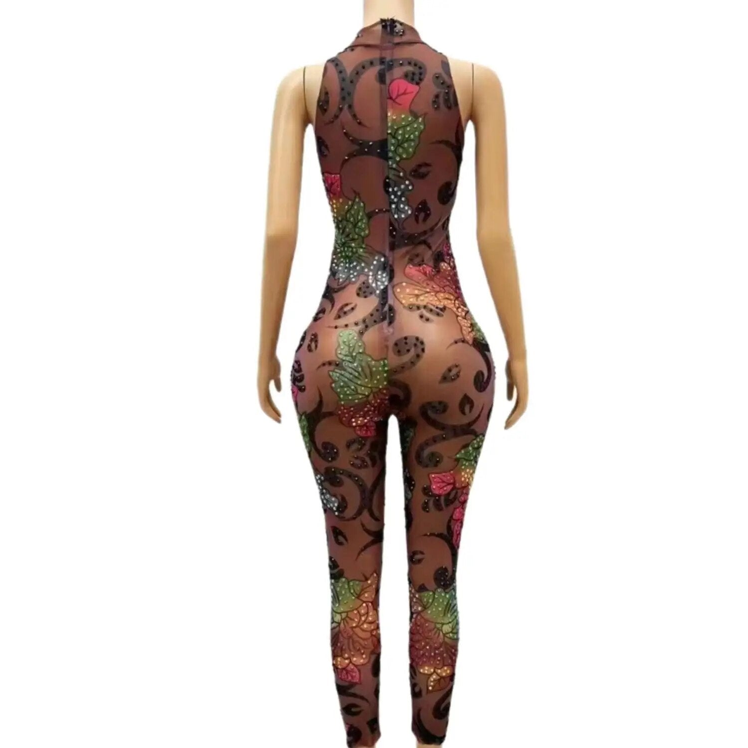 Women Birthday Celebrate Evening Costume Colorful Rhinestones Flowers Transparent Jumpsuits Dancer Sleeveless Bodysuit