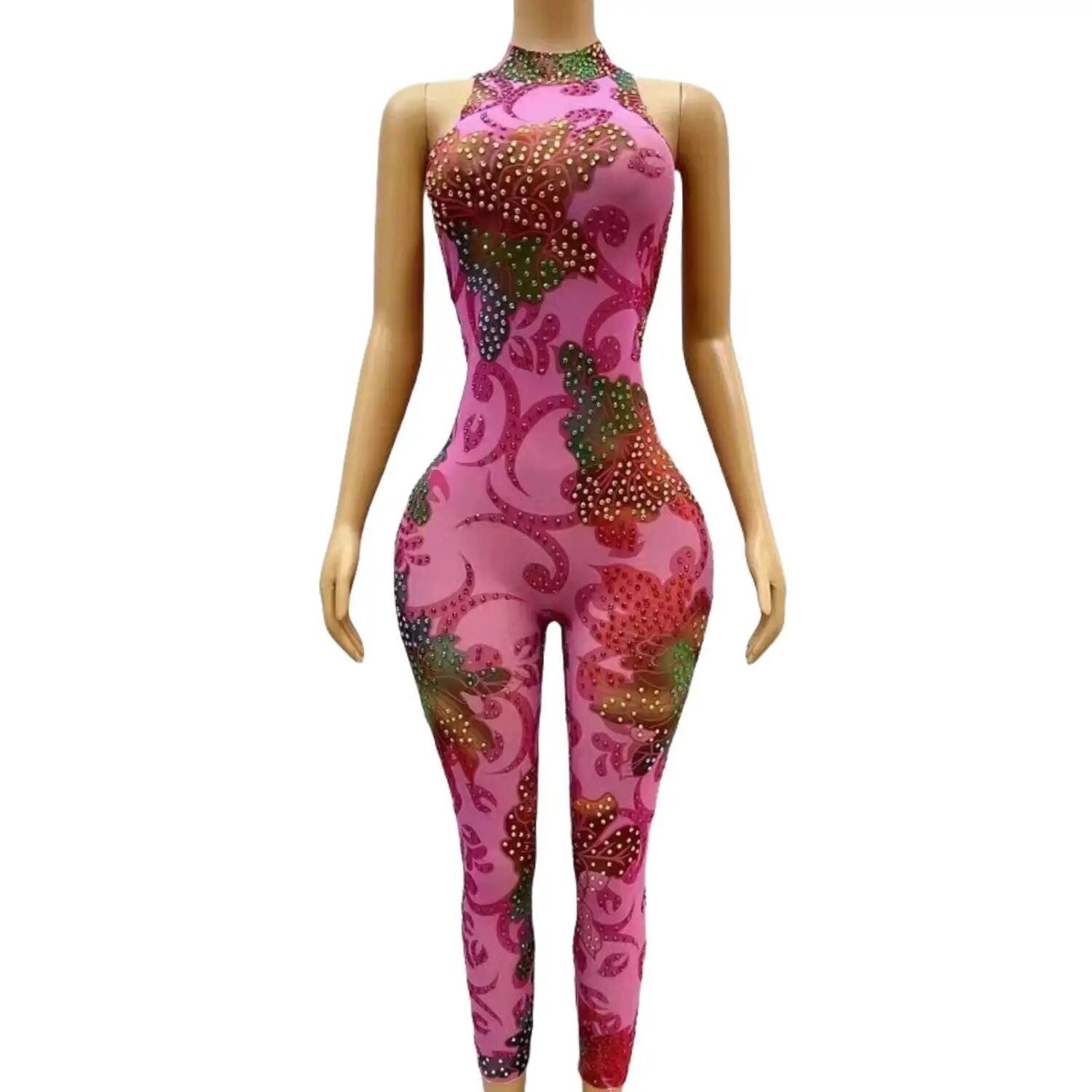 Women Birthday Celebrate Evening Costume Colorful Rhinestones Flowers Transparent Jumpsuits Dancer Sleeveless Bodysuit