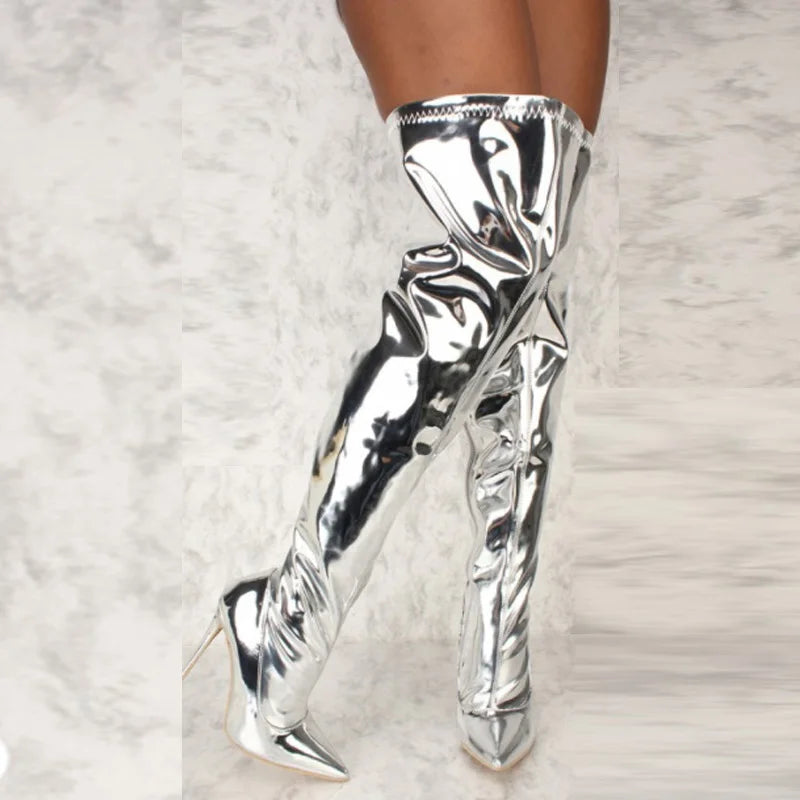 Women Boots Mirror Platform Pointy Toe High Thin Heels Over The Knee Long Boots Autumn Winter Zip Silver Casual Party Shoes New