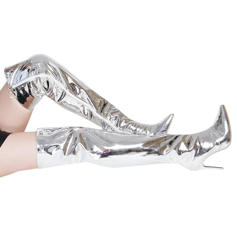 Women Boots Mirror Platform Pointy Toe High Thin Heels Over The Knee Long Boots Autumn Winter Zip Silver Casual Party Shoes New