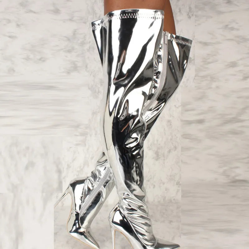 Women Boots Mirror Platform Pointy Toe High Thin Heels Over The Knee Long Boots Autumn Winter Zip Silver Casual Party Shoes New