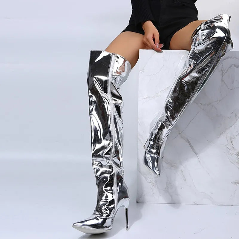 Women Boots Mirror Platform Pointy Toe High Thin Heels Over The Knee Long Boots Autumn Winter Zip Silver Casual Party Shoes New