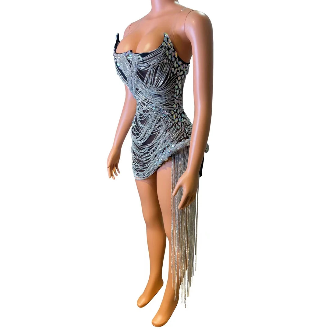 Women Celebrate Birthday Evening Dress Prom Outfit Sexy See Through Show Stage Wear Sparkly Rhinestones Chains Crystals Dress