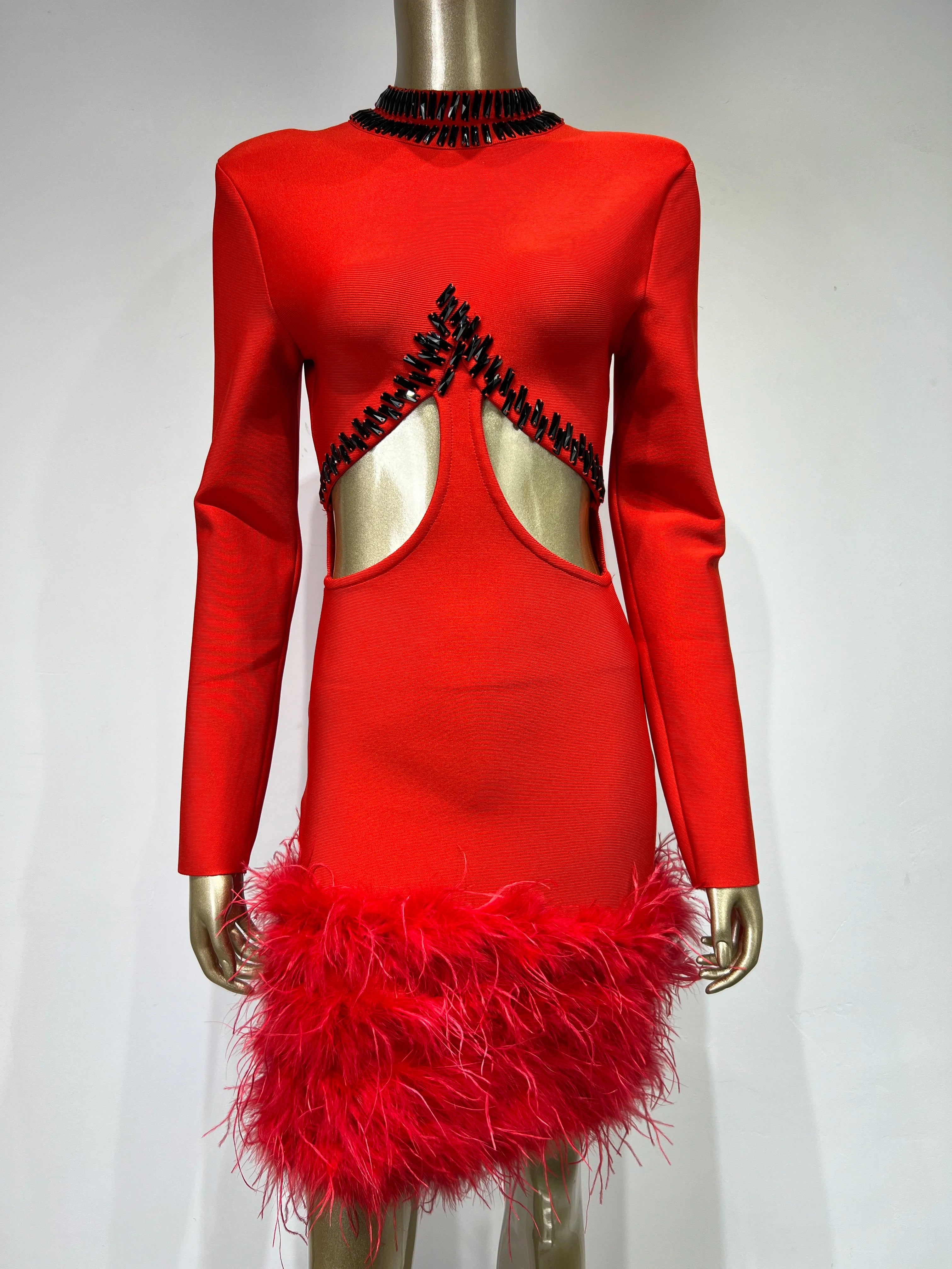Women Celebrity Sexy Long Sleeve Feather Beading Cut Out Red Mini Bodycon Bandage Dress Elegant Evening Club Party Dress