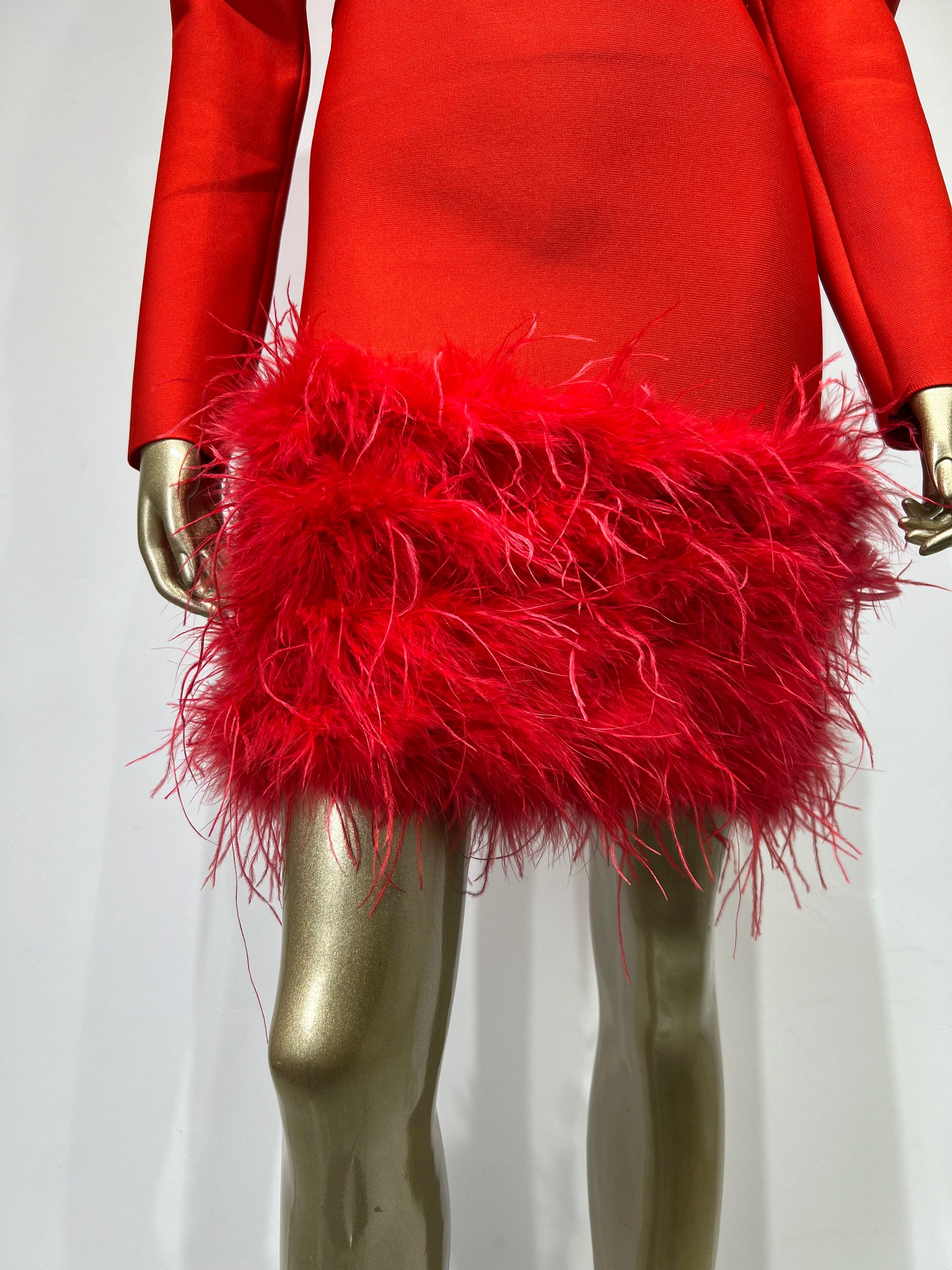 Women Celebrity Sexy Long Sleeve Feather Beading Cut Out Red Mini Bodycon Bandage Dress Elegant Evening Club Party Dress