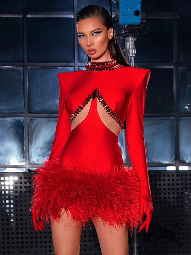 Women Celebrity Sexy Long Sleeve Feather Beading Cut Out Red Mini Bodycon Bandage Dress Elegant Evening Club Party Dress
