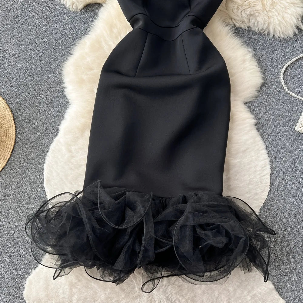 Women Chic Elegant Bow V Neck Mesh Sleeveless Bodycon Dress Sexy Fashion Slim Hip Wrap Dress