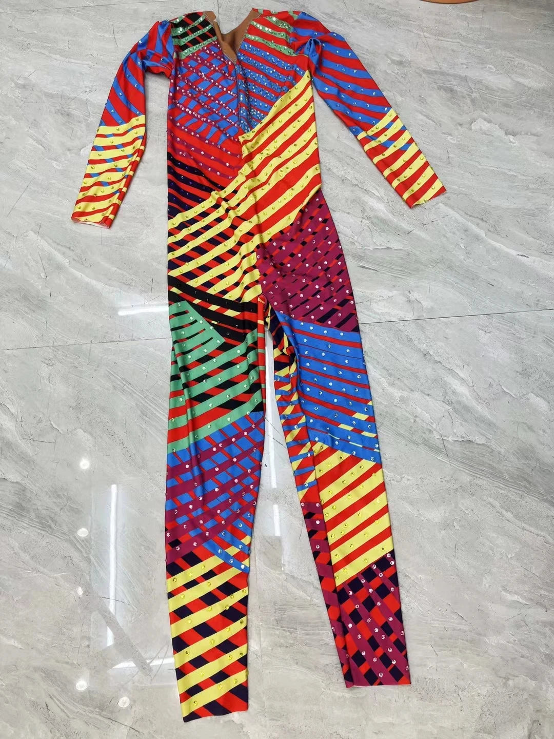 Women Colorful Pattern Rhinestones Jumpsuit Sexy Dance Costume Bodysuit Evening Birthday Celebrate Costume leggings
