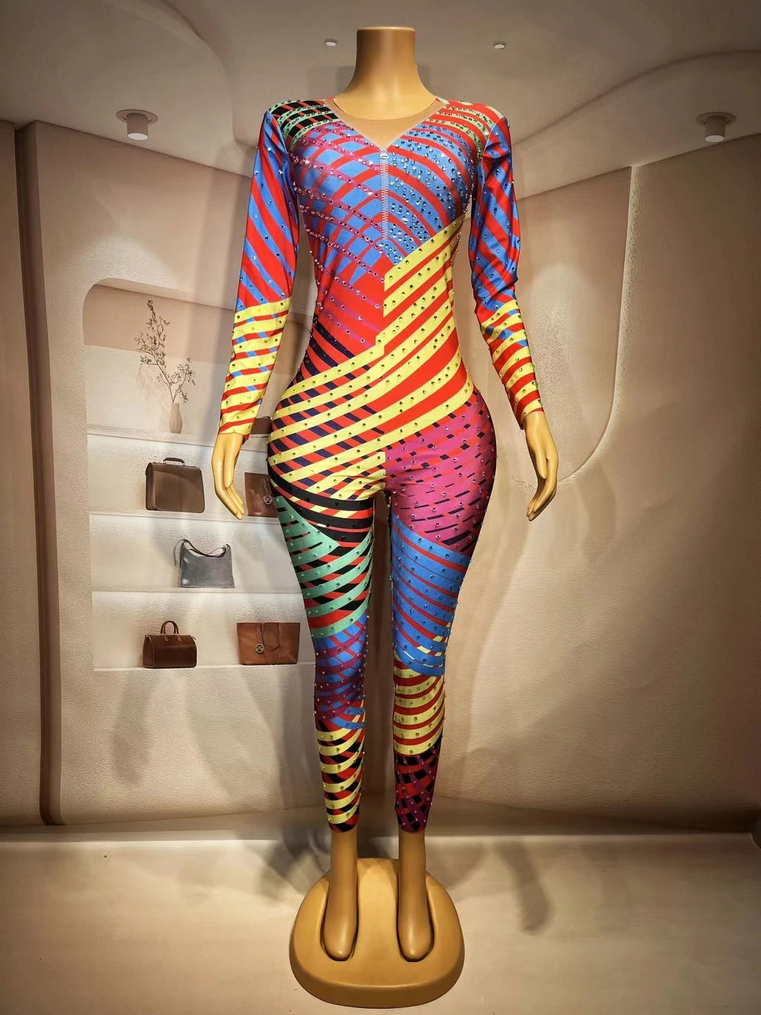 Women Colorful Pattern Rhinestones Jumpsuit Sexy Dance Costume Bodysuit Evening Birthday Celebrate Costume leggings