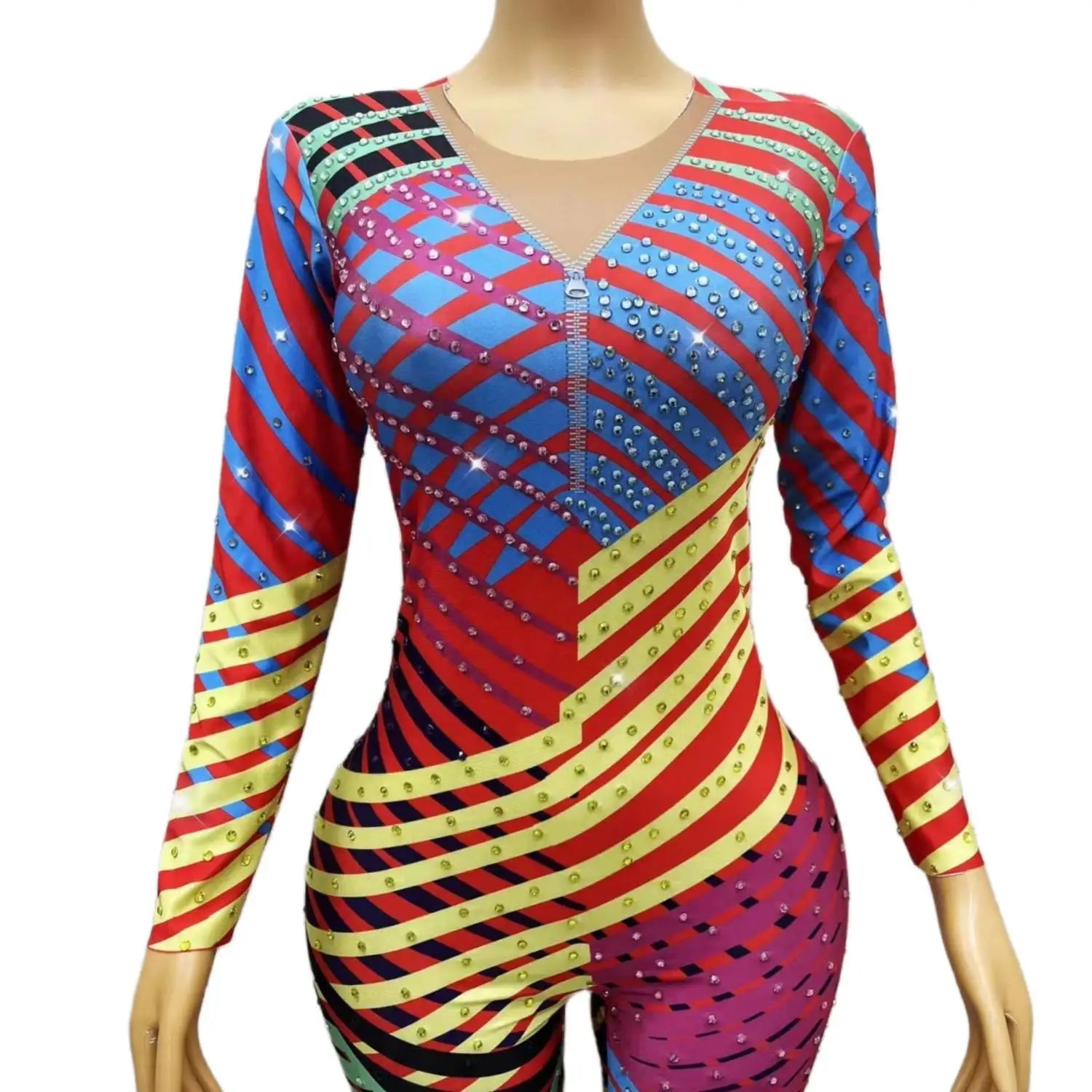 Women Colorful Pattern Rhinestones Jumpsuit Sexy Dance Costume Bodysuit Evening Birthday Celebrate Costume leggings