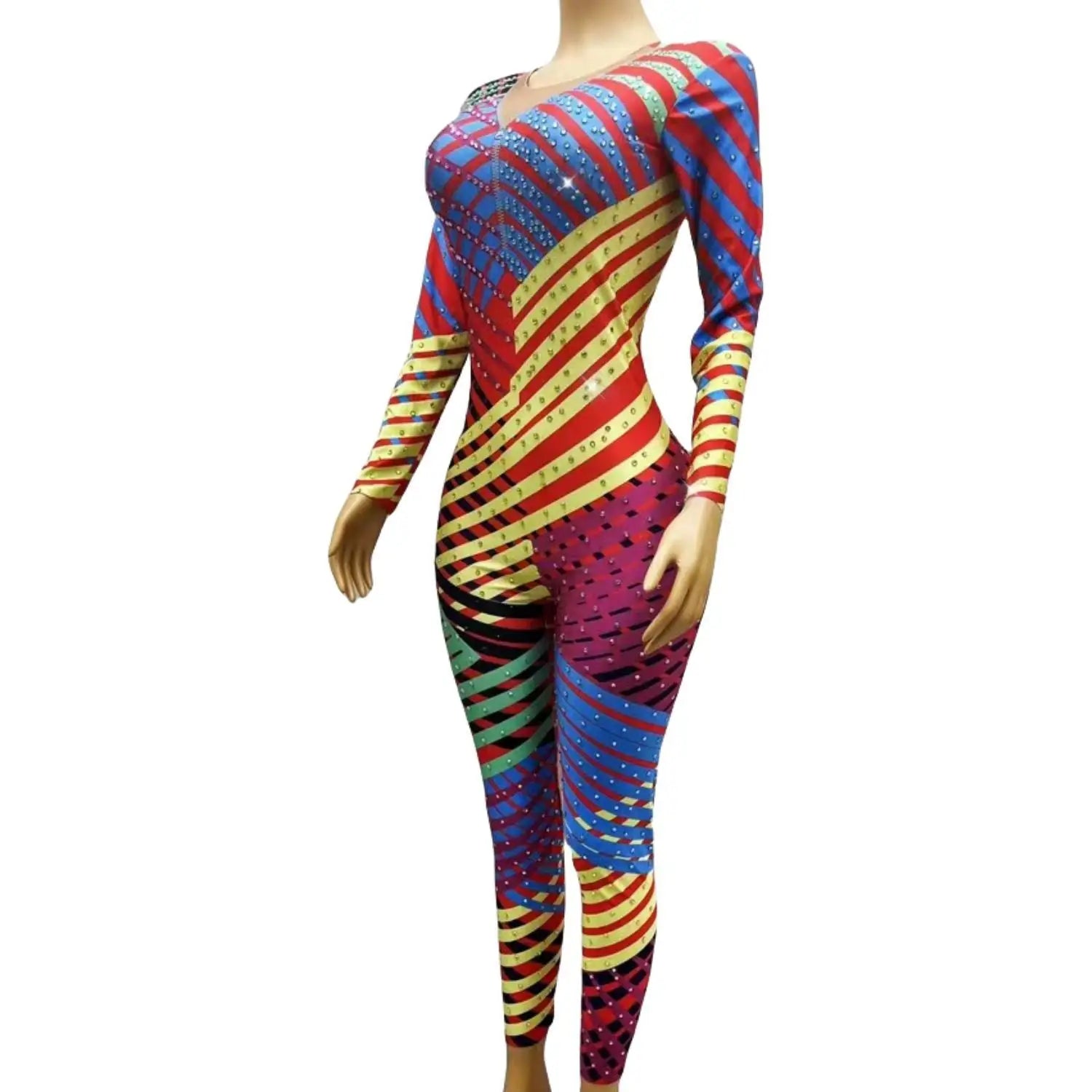 Women Colorful Pattern Rhinestones Jumpsuit Sexy Dance Costume Bodysuit Evening Birthday Celebrate Costume leggings