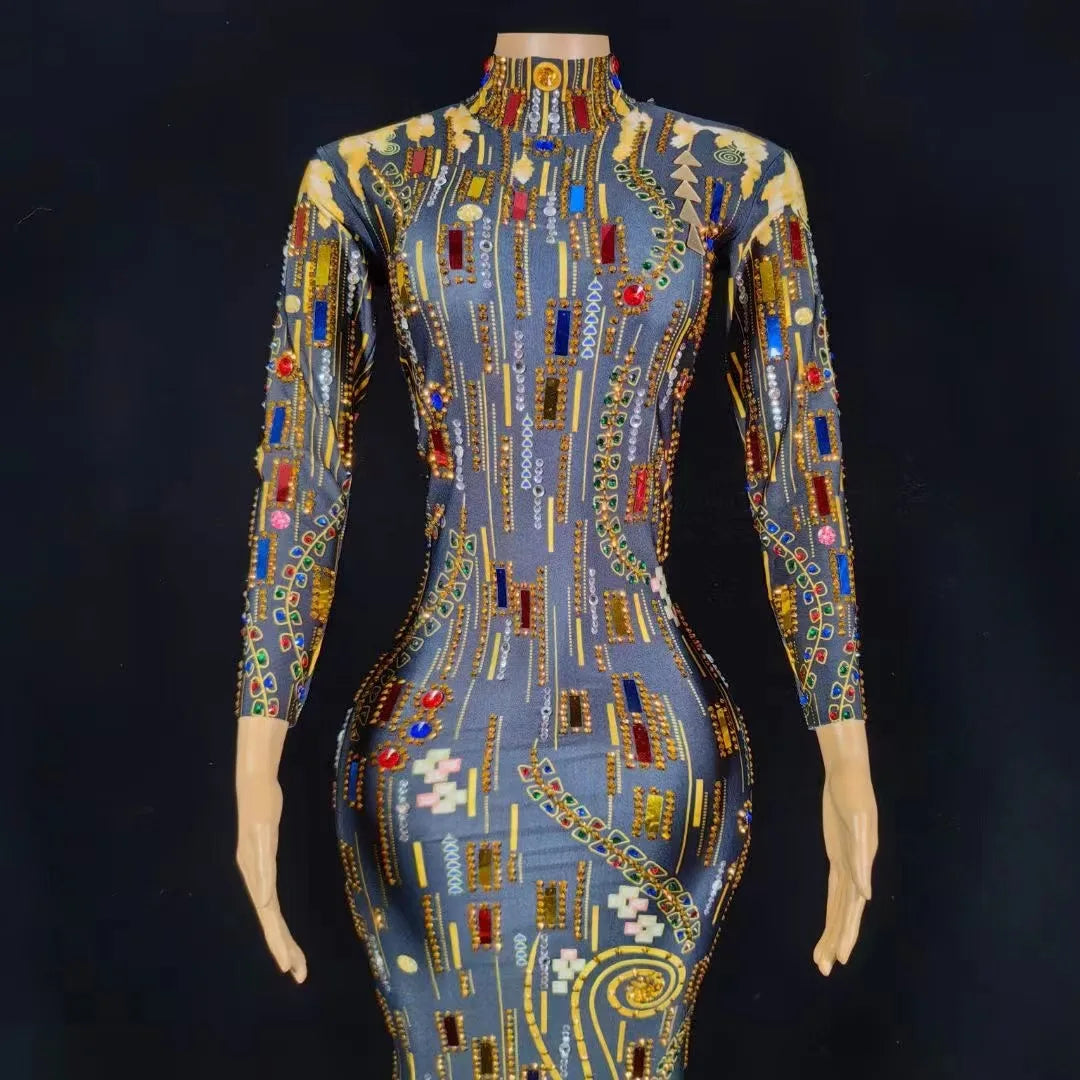 Women Colorful Rhinestone Sexy Black Spandex Long Sleeves Bodycon Dress Birthday Prom Costume Evening Dancer Performance Gowns