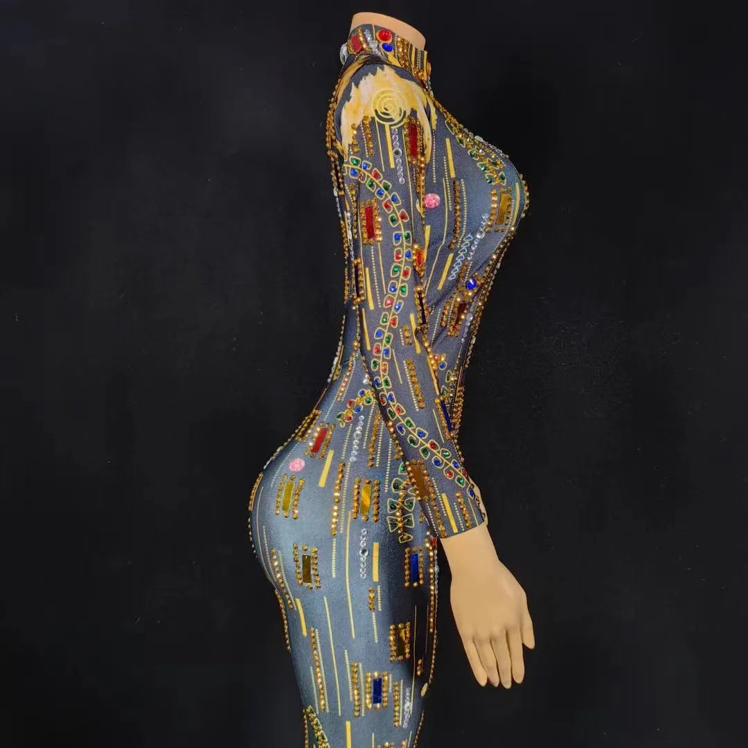 Women Colorful Rhinestone Sexy Black Spandex Long Sleeves Bodycon Dress Birthday Prom Costume Evening Dancer Performance Gowns