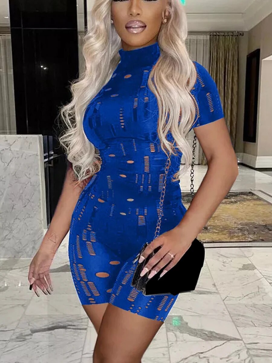 Women Cut out Bodycon Jumpsuit Short Sleeve Mock Neck Distressed Romper Summer Slim Fit One Piece Short Pants Playsuits