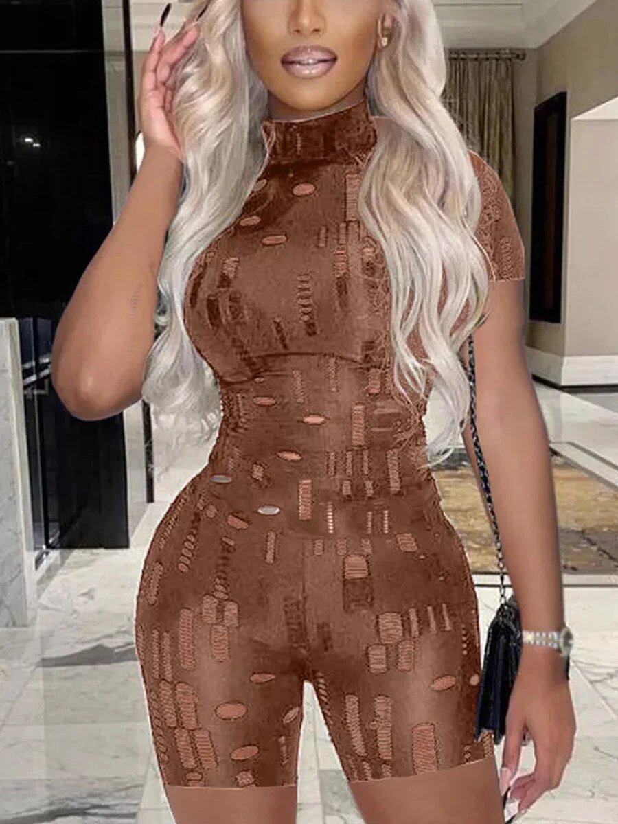 Women Cut out Bodycon Jumpsuit Short Sleeve Mock Neck Distressed Romper Summer Slim Fit One Piece Short Pants Playsuits