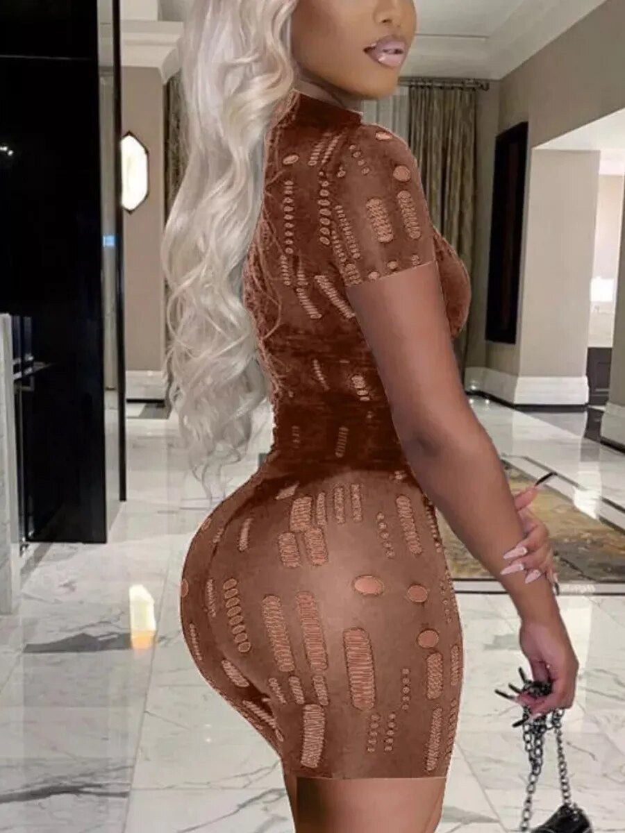 Women Cut out Bodycon Jumpsuit Short Sleeve Mock Neck Distressed Romper Summer Slim Fit One Piece Short Pants Playsuits