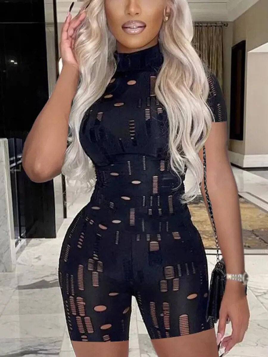 Women Cut out Bodycon Jumpsuit Short Sleeve Mock Neck Distressed Romper Summer Slim Fit One Piece Short Pants Playsuits