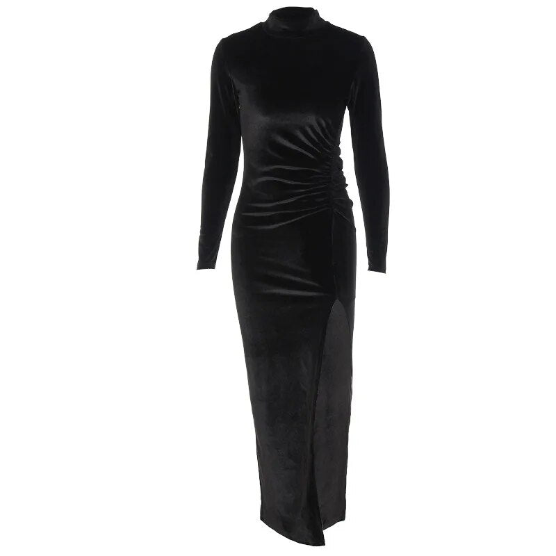 Women Dress Autumn Winter Evening Prom Solid Velvet Long Sleeve Ruched Midi Dress Side Slit Bodycon Sexy Elegant Dress