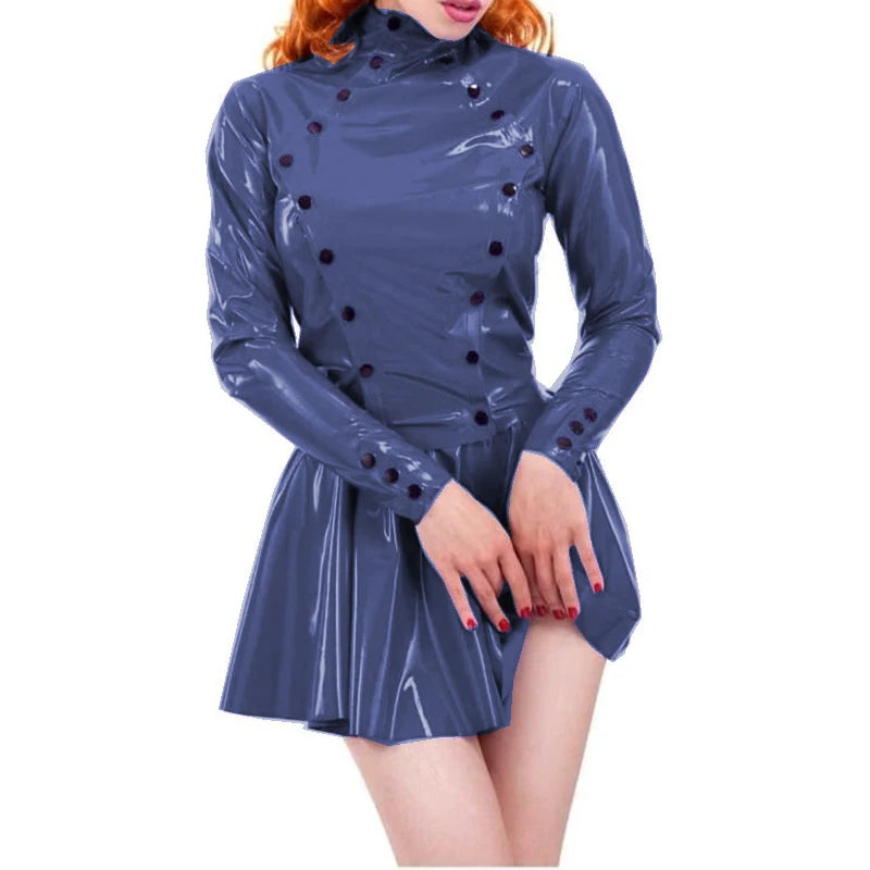 Women Dress Glossy PVC Sexy Double Buttons Slim Fit Long Sleeve Pleated Mini Skirt Dress High Street Party Clubwear Casual S-7XL