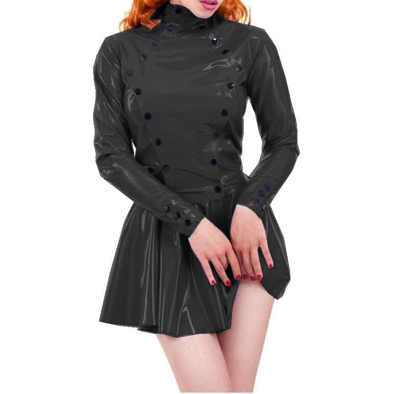 Women Dress Glossy PVC Sexy Double Buttons Slim Fit Long Sleeve Pleated Mini Skirt Dress High Street Party Clubwear Casual S-7XL