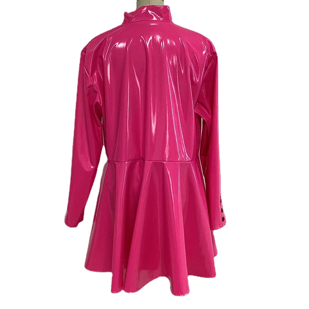 Women Dress Glossy PVC Sexy Double Buttons Slim Fit Long Sleeve Pleated Mini Skirt Dress High Street Party Clubwear Casual S-7XL