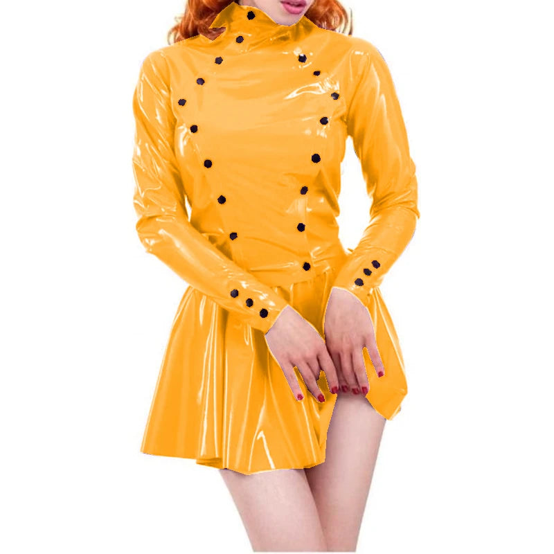 Women Dress Glossy PVC Sexy Double Buttons Slim Fit Long Sleeve Pleated Mini Skirt Dress High Street Party Clubwear Casual S-7XL