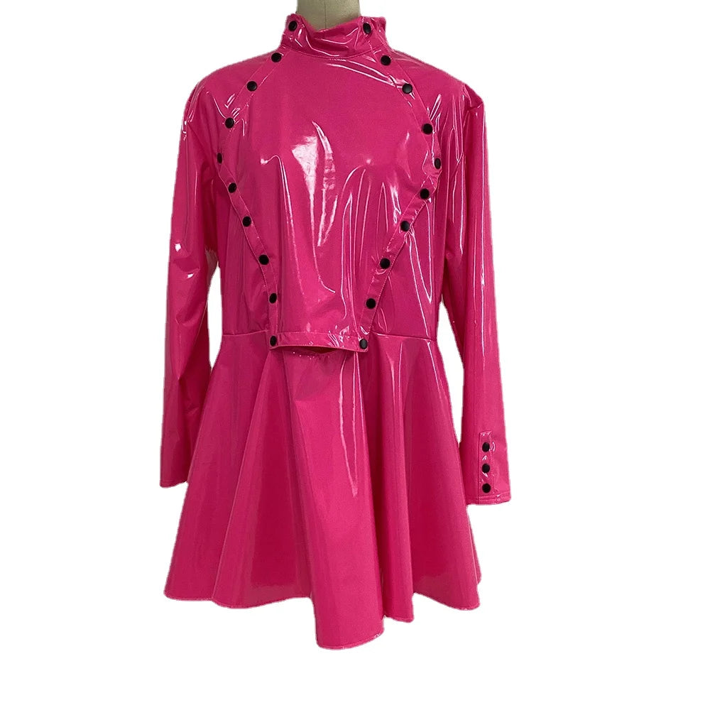 Women Dress Glossy PVC Sexy Double Buttons Slim Fit Long Sleeve Pleated Mini Skirt Dress High Street Party Clubwear Casual S-7XL