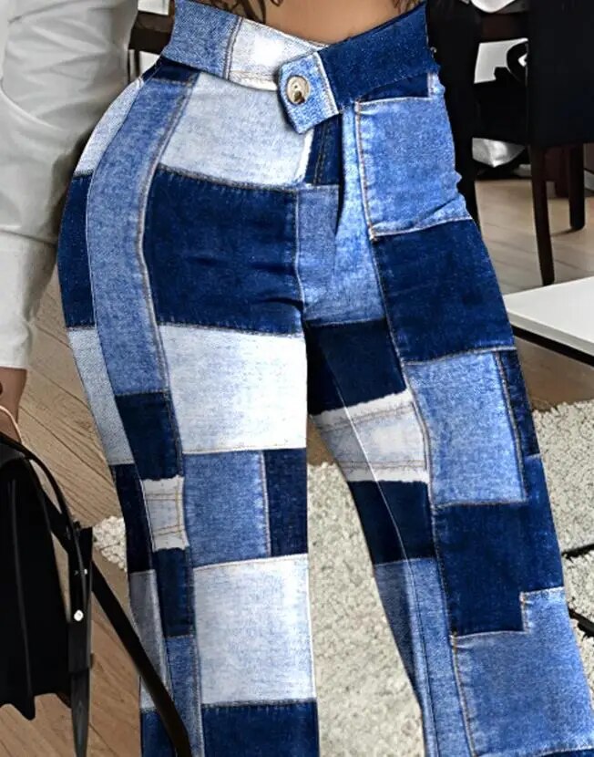 Women Elegant Summer Denim Look Print Overlap Waist Work Pants Casual Fashion Trousers Female Joggers Streetwear Clothes