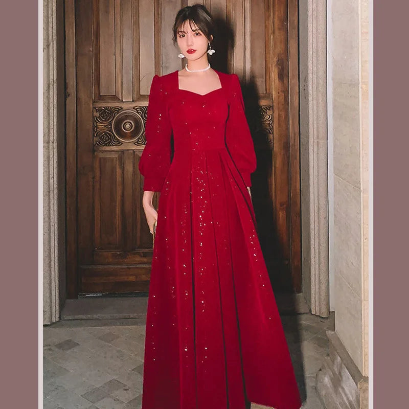 Long Sleeve Elegant Square Collar Red Prom Party Dress Long A-line Wedding Guest Evening Dress