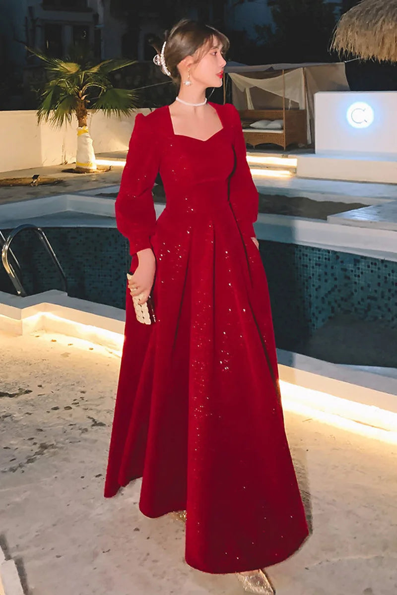 Long Sleeve Elegant Square Collar Red Prom Party Dress Long A-line Wedding Guest Evening Dress