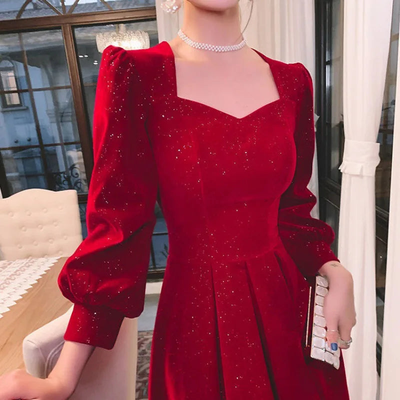 Long Sleeve Elegant Square Collar Red Prom Party Dress Long A-line Wedding Guest Evening Dress