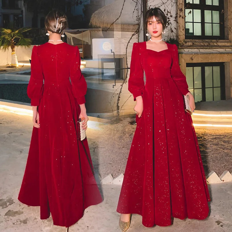 Long Sleeve Elegant Square Collar Red Prom Party Dress Long A-line Wedding Guest Evening Dress