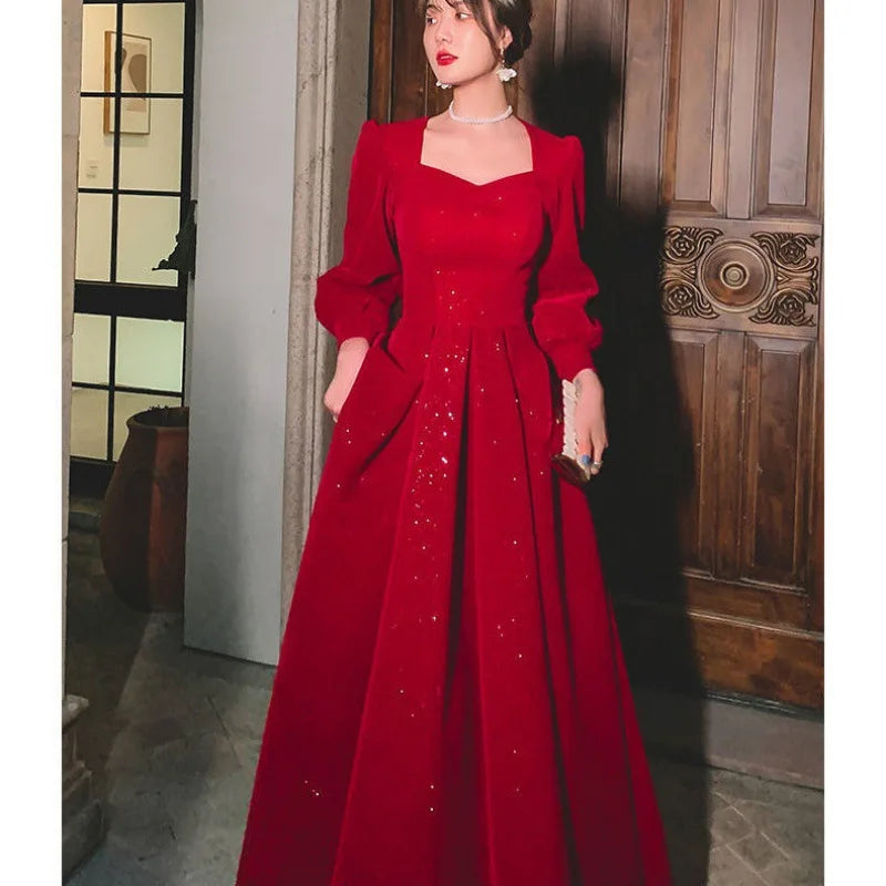 Long Sleeve Elegant Square Collar Red Prom Party Dress Long A-line Wedding Guest Evening Dress