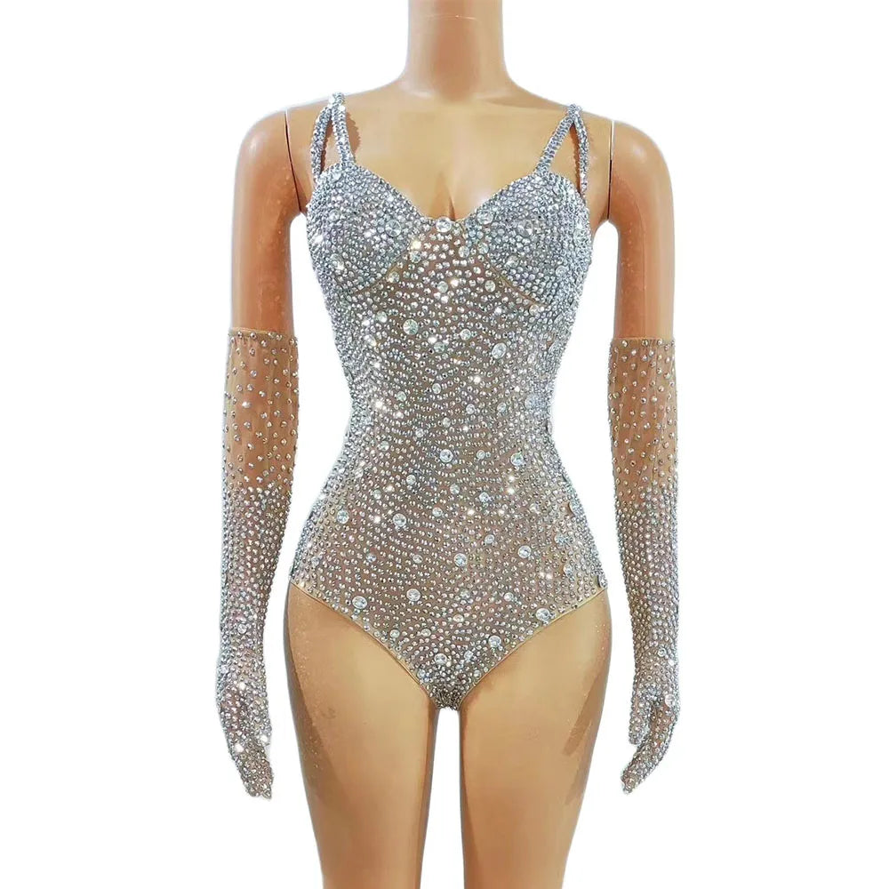 Women Party Birthday Nightclub Bodysuit Sexy Mesh Performance Dance Costume Stage Wear Luxurious Rhinestones Leotard Gloves