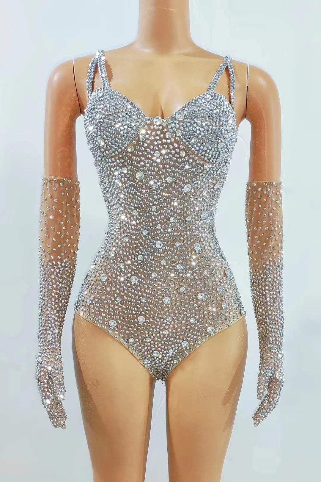 Women Party Birthday Nightclub Bodysuit Sexy Mesh Performance Dance Costume Stage Wear Luxurious Rhinestones Leotard Gloves
