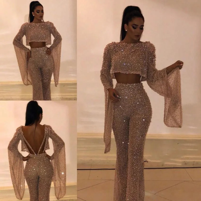 Women Party Elegant O-Neck Gilding Jumpsuit Long Sleeves Bling Backless Sexy Fake 2 Piece Set Rompers Modern Ladies Streetwear