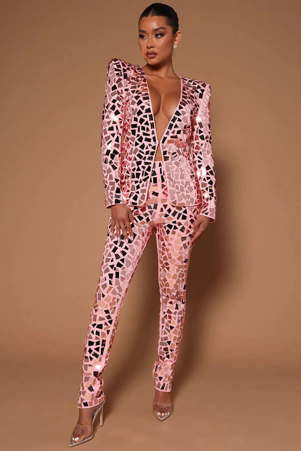 Women Sequin Sparkly TwoPiece Set Costume Outfits Sexy V-Neck Mirror Slim Long Sleeve Matching Set for Women