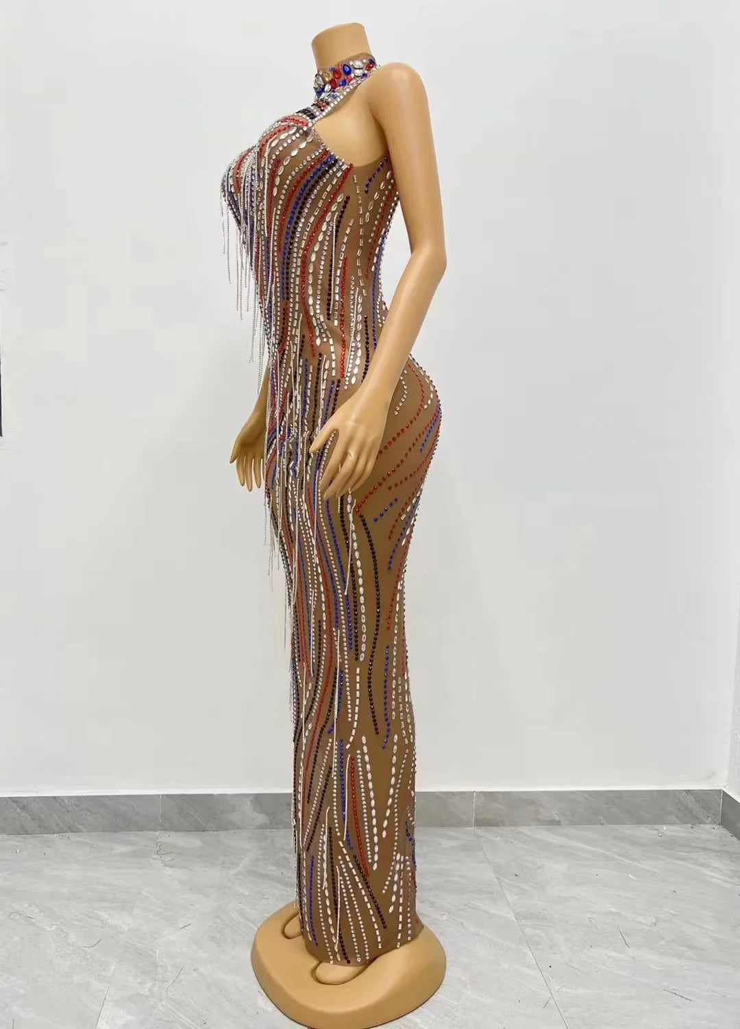 Women Sexy Colorful Rhinestones Crystals Chains Dress Female Birthday Celebrate Sleeveles Singer Dancer Photo Shoot Outfit