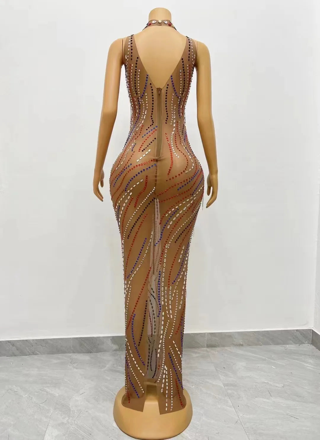 Women Sexy Colorful Rhinestones Crystals Chains Dress Female Birthday Celebrate Sleeveles Singer Dancer Photo Shoot Outfit