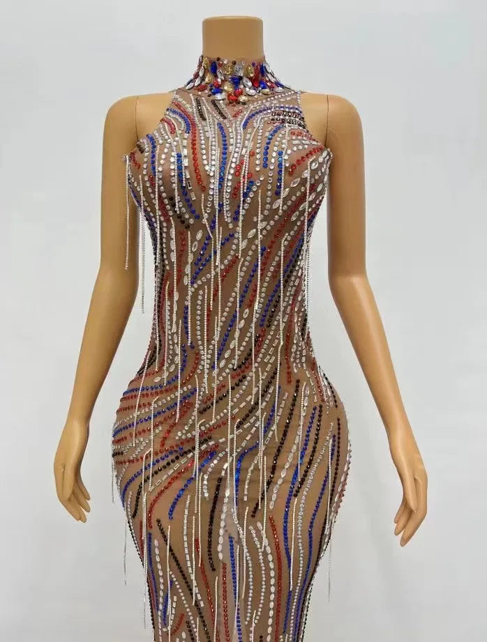 Women Sexy Colorful Rhinestones Crystals Chains Dress Female Birthday Celebrate Sleeveles Singer Dancer Photo Shoot Outfit