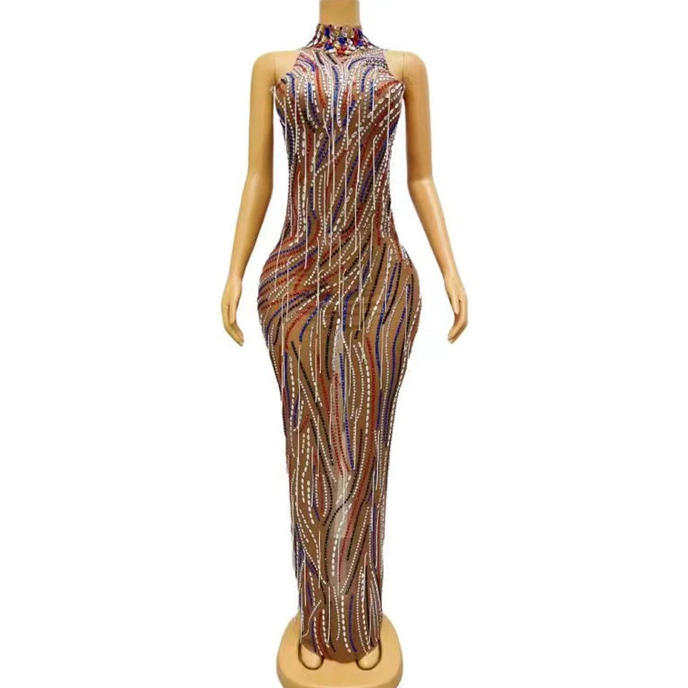 Women Sexy Colorful Rhinestones Crystals Chains Dress Female Birthday Celebrate Sleeveles Singer Dancer Photo Shoot Outfit
