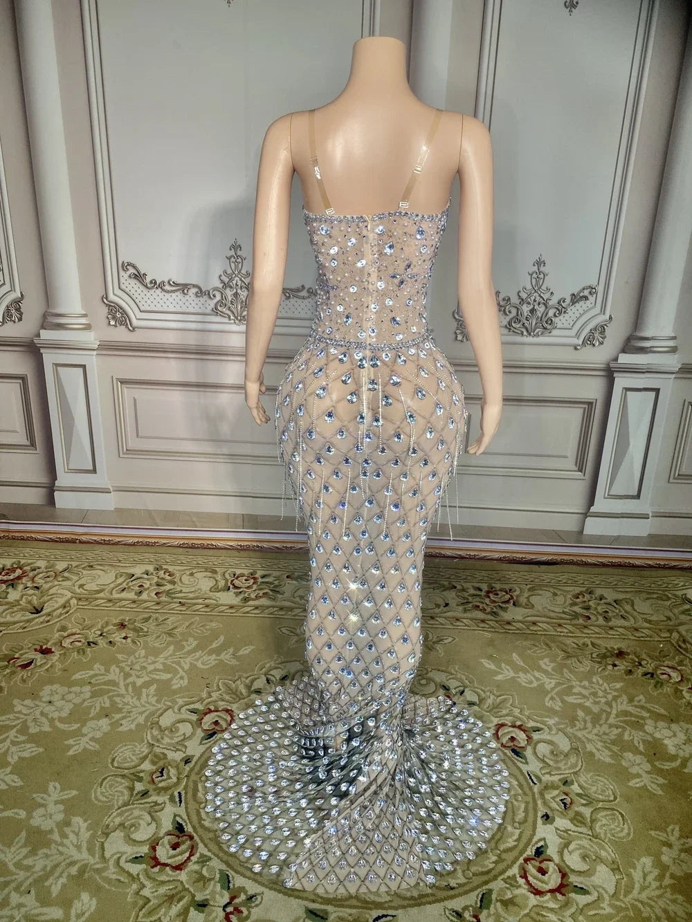 Women Sexy Mesh Photo Shoot Wear Luxurious Crystals Rhinestones Chains Evening Prom Celebrate Birthday Floor-length Dress